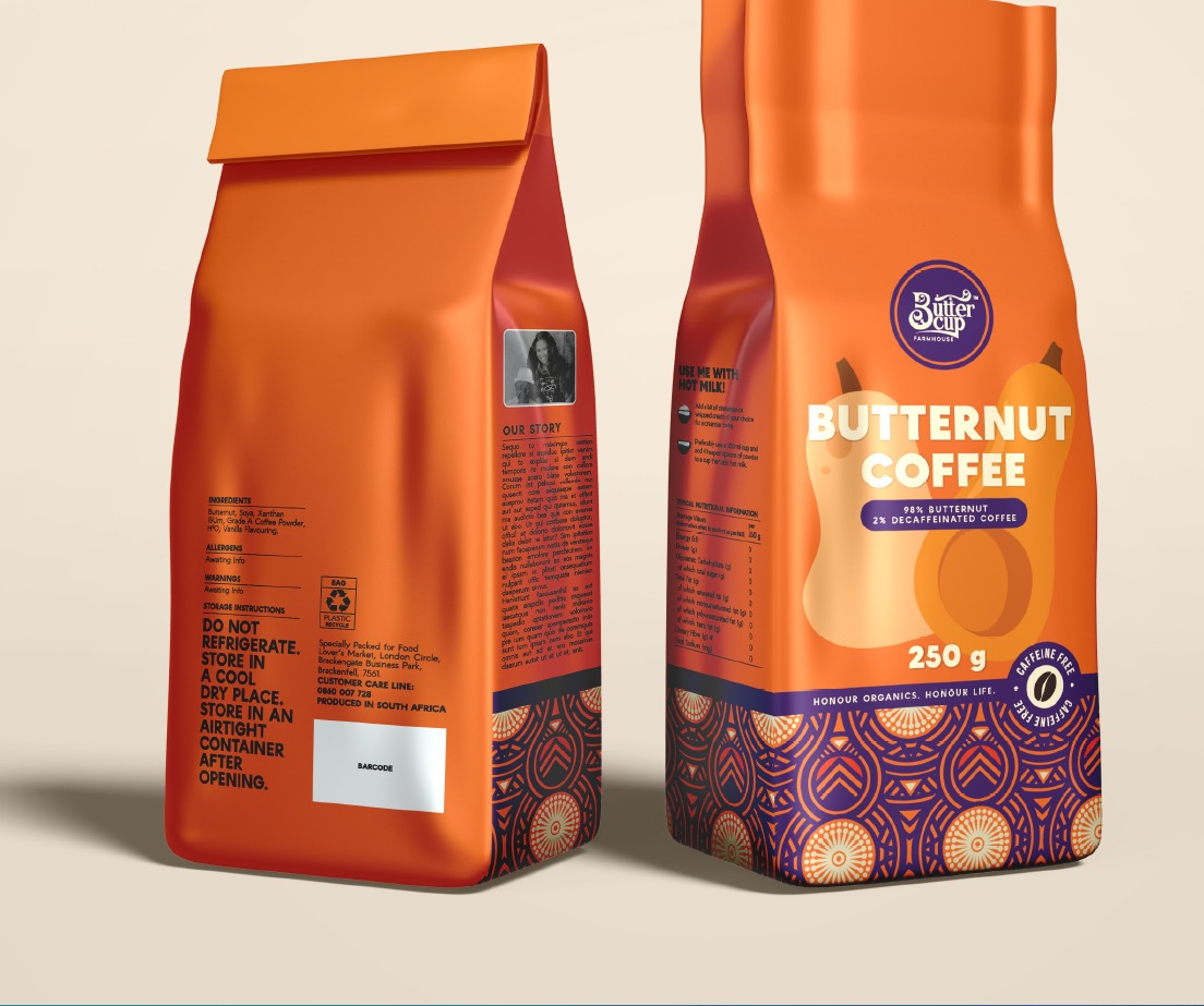 Buttercup butternut coffee in branded retail packaging
